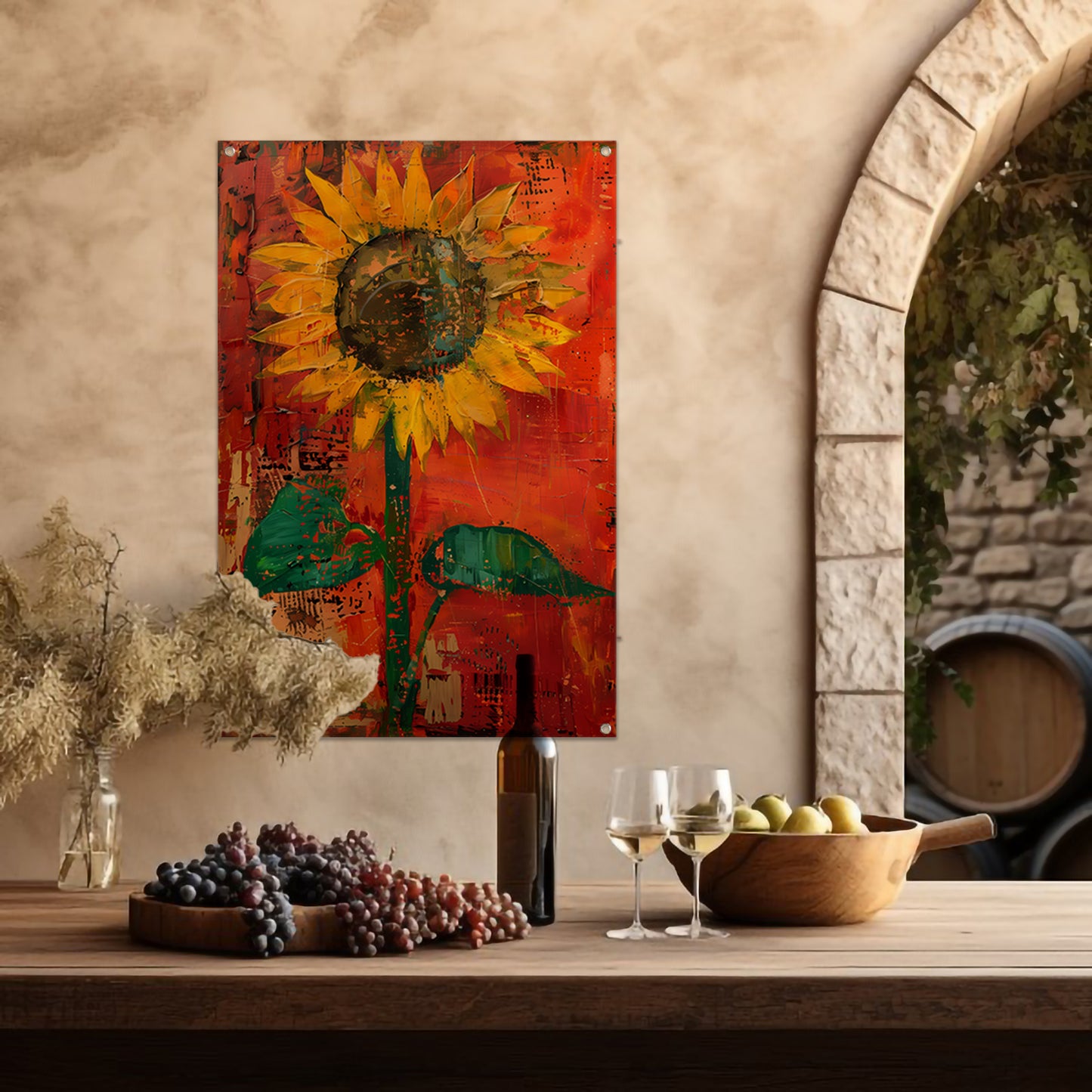 Abstracte zonnebloem schilderij met levendige kleuren tuinposter