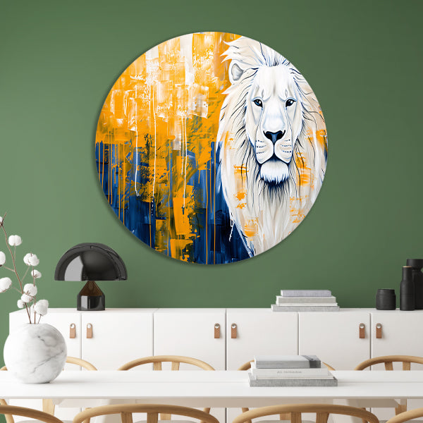 Realistische leeuw met abstracte kleurenachtergrond aluminium muurcirkel