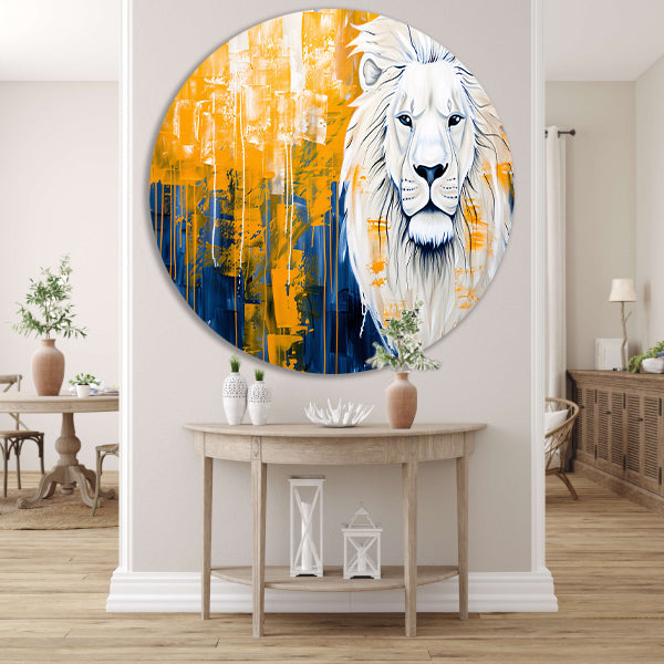 Realistische leeuw met abstracte kleurenachtergrond aluminium muurcirkel