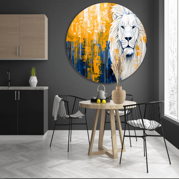 Realistische leeuw met abstracte kleurenachtergrond aluminium muurcirkel