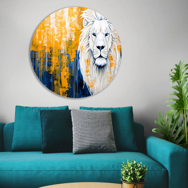 Realistische leeuw met abstracte kleurenachtergrond aluminium muurcirkel