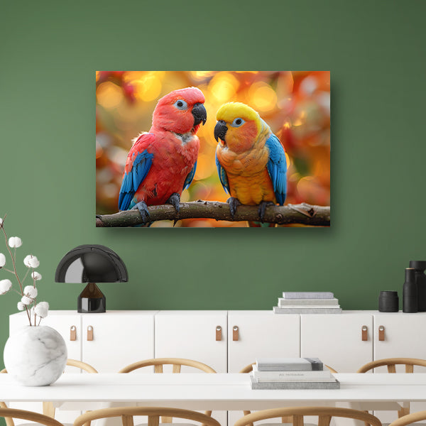 Twee papegaaien op een tak canvas