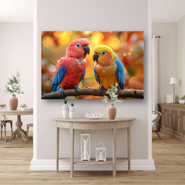 Twee papegaaien op een tak canvas