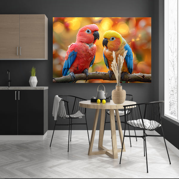 Twee papegaaien op een tak canvas