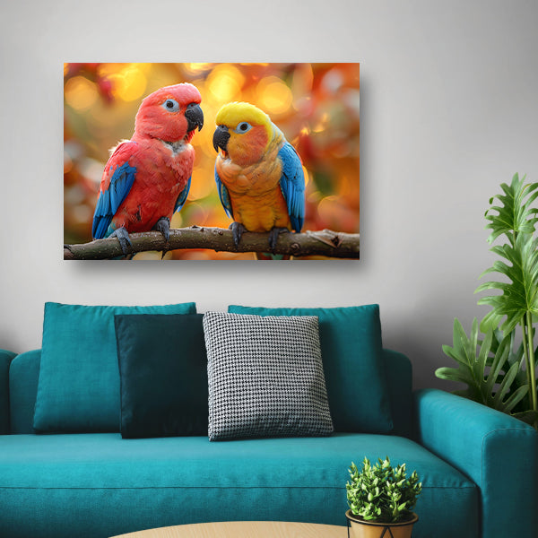 Twee papegaaien op een tak canvas