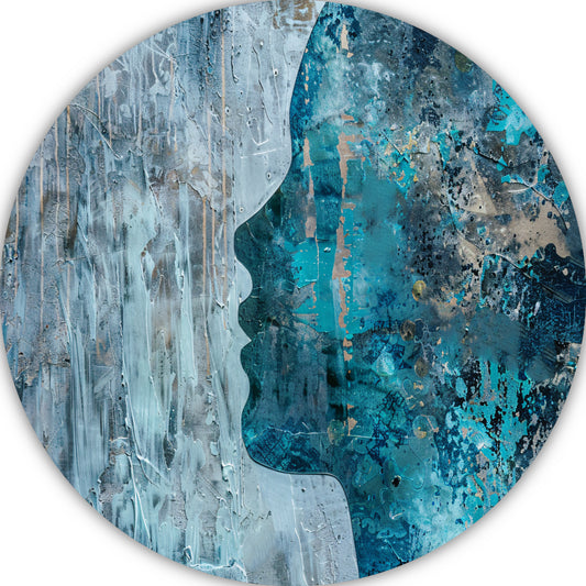 Abstract Gezicht in Blauw, Zwart en Grijs aluminium muurcirkel