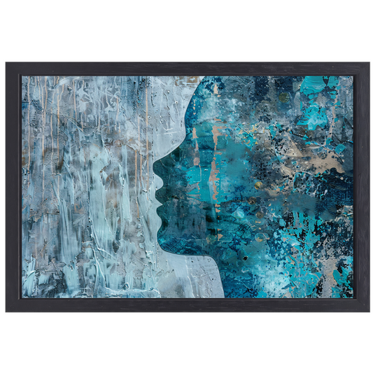 Abstract Gezicht in Blauw, Zwart en Grijs canvas met baklijst