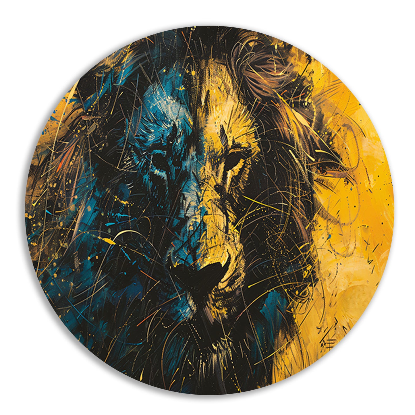 Dynamisch abstract schilderij van een leeuw aluminium muurcirkel