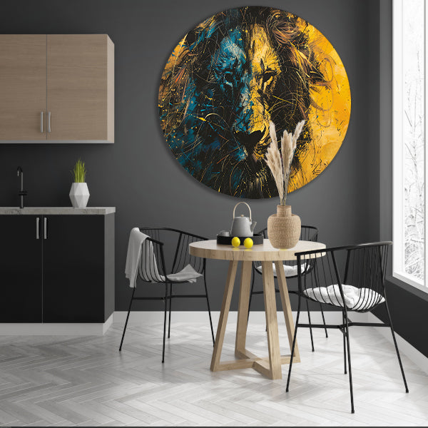 Dynamisch abstract schilderij van een leeuw aluminium muurcirkel