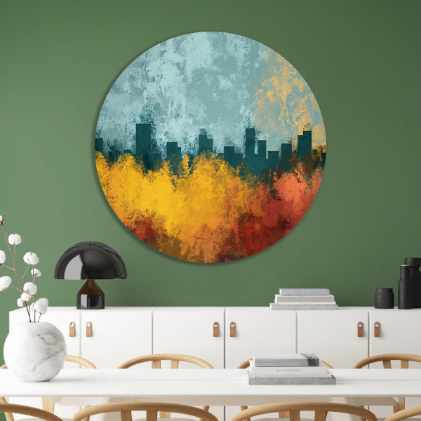 Kleurrijke abstracte skyline met natuur aluminium muurcirkel