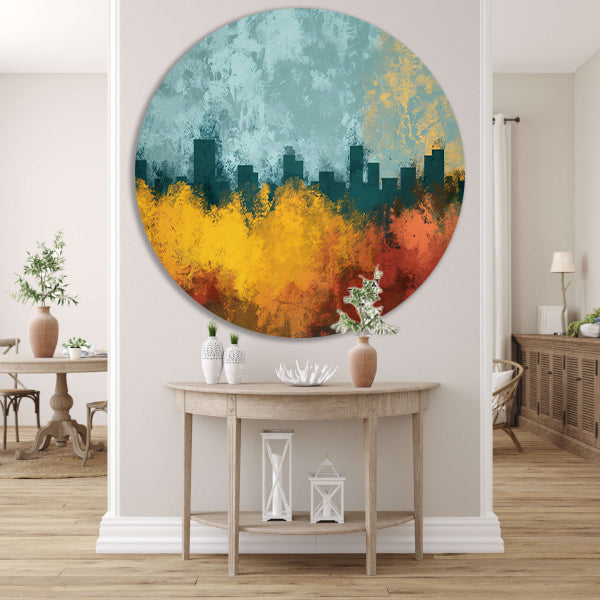 Kleurrijke abstracte skyline met natuur aluminium muurcirkel