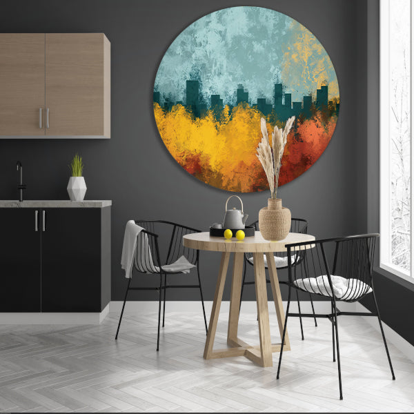 Kleurrijke abstracte skyline met natuur aluminium muurcirkel