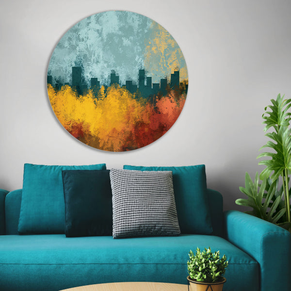 Kleurrijke abstracte skyline met natuur aluminium muurcirkel