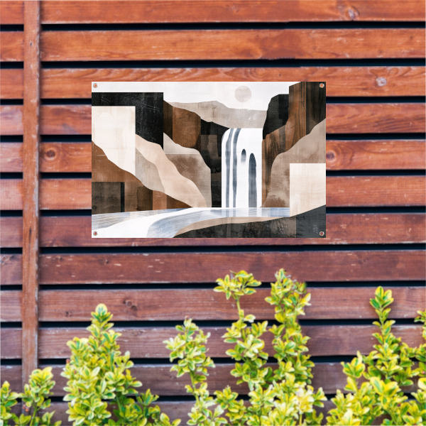 Minimalistische waterval in monochrome aardetinten tuinposter