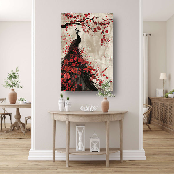 Elegante pauw met rode bloemen acrylglas