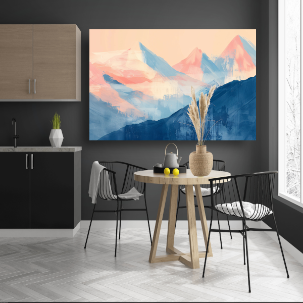 Abstracte pasteltinten van berglandschappen in zonlicht poster