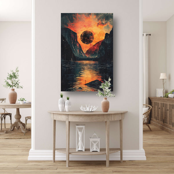 Planeet boven berglandschap bij zonsondergang canvas met baklijst