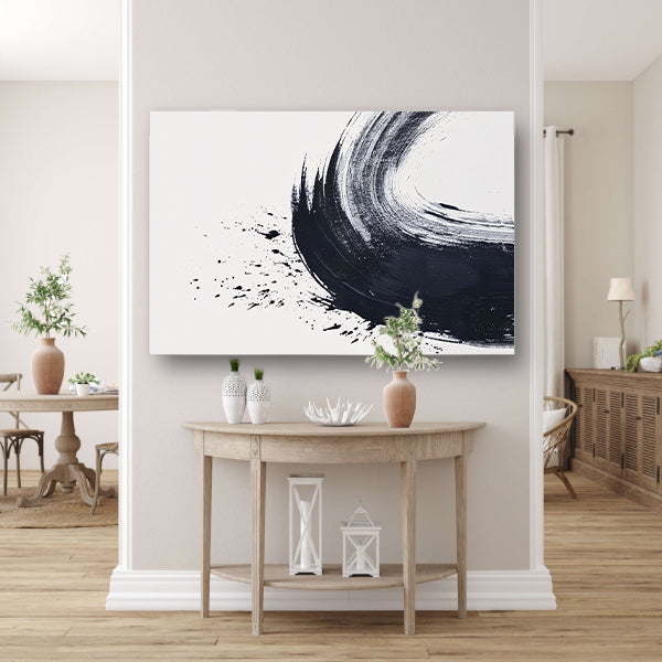 Zwarte Borstelstreek met Spetters op Wit acrylglas