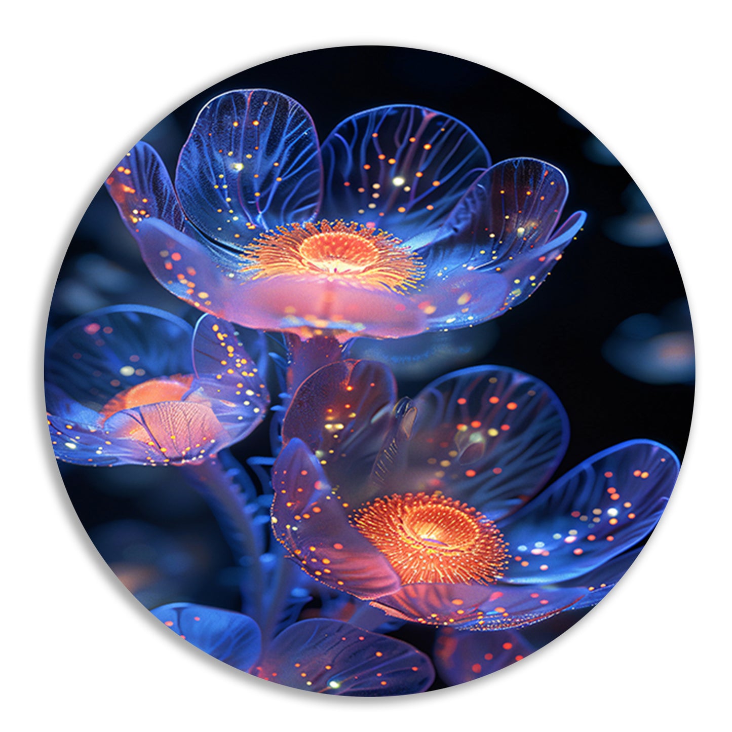 Bioluminescente Bloemen in Digitale Kunst aluminium muurcirkel