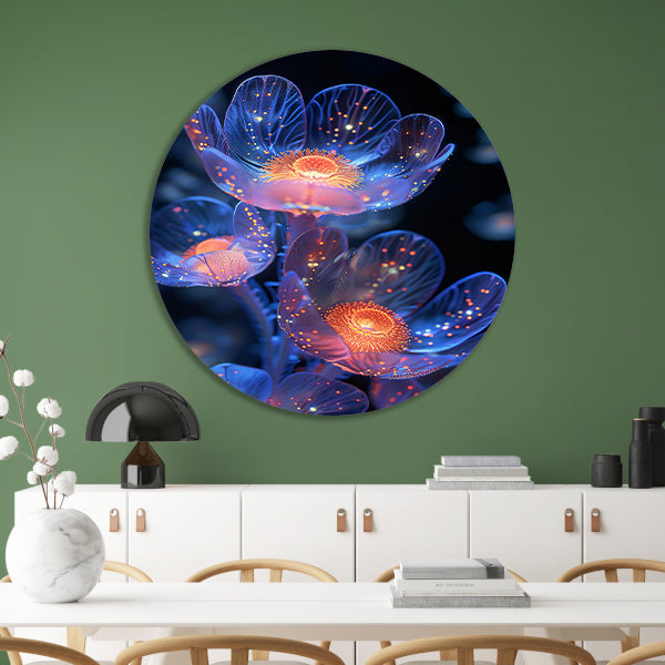 Bioluminescente Bloemen in Digitale Kunst aluminium muurcirkel