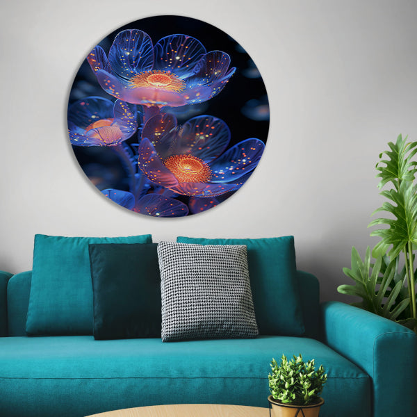 Bioluminescente Bloemen in Digitale Kunst aluminium muurcirkel