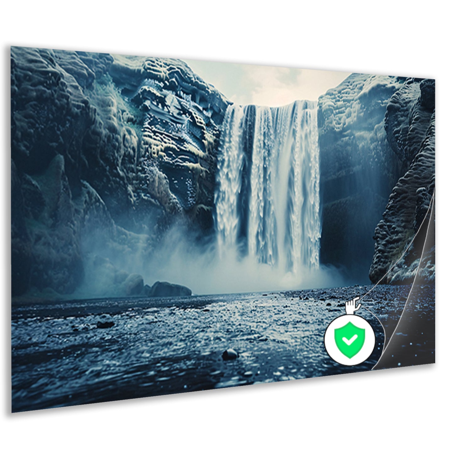 Majestueuze waterval met serene rotsformatiesposter