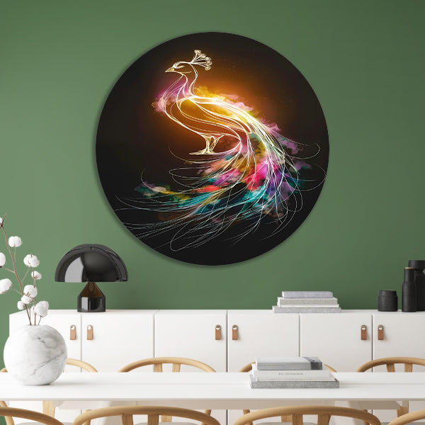 Abstracte Dans van Kleurrijke Pauwlijnen aluminium muurcirkel