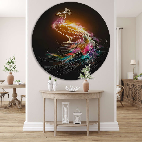 Abstracte Dans van Kleurrijke Pauwlijnen aluminium muurcirkel