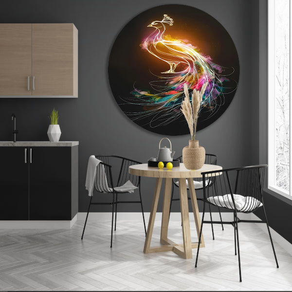 Abstracte Dans van Kleurrijke Pauwlijnen aluminium muurcirkel