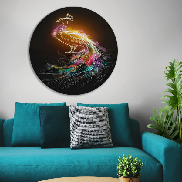 Abstracte Dans van Kleurrijke Pauwlijnen aluminium muurcirkel