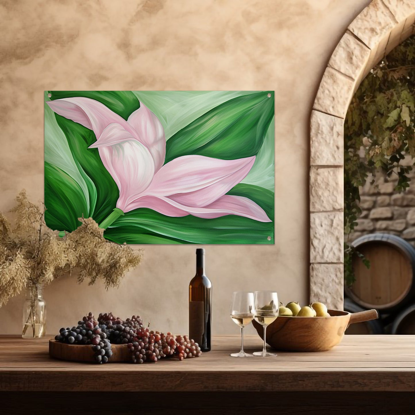 Abstracte tulpenkunst met groene bladeren tuinposter