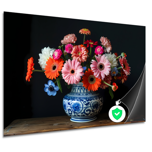 Uitgebreide collectie bloemen in een decoratieve vaas poster