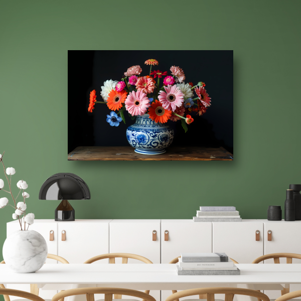 Uitgebreide collectie bloemen in een decoratieve vaas poster