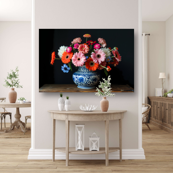 Uitgebreide collectie bloemen in een decoratieve vaas poster