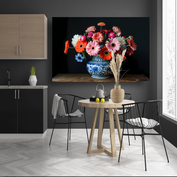 Uitgebreide collectie bloemen in een decoratieve vaas poster