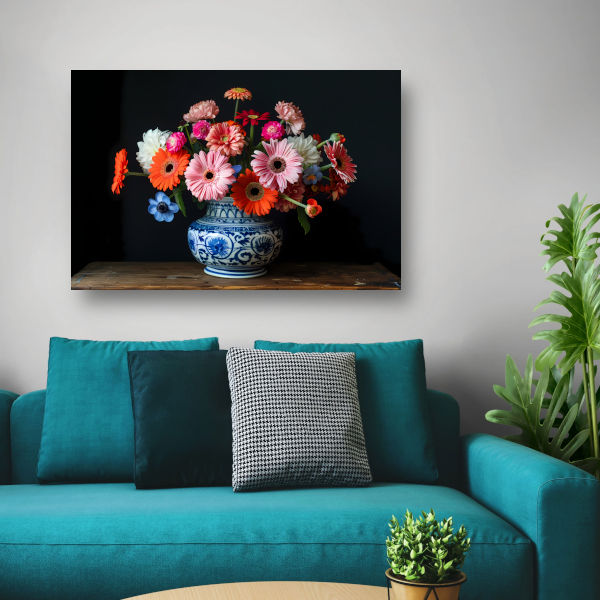 Uitgebreide collectie bloemen in een decoratieve vaas poster