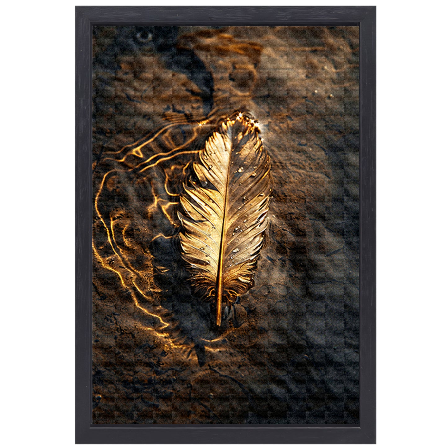Gouden veer drijvend op donker water canvas met baklijst