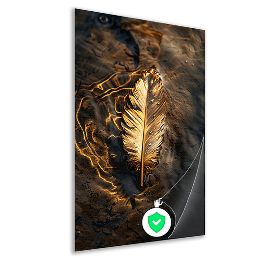 Gouden veer drijvend op donker water poster