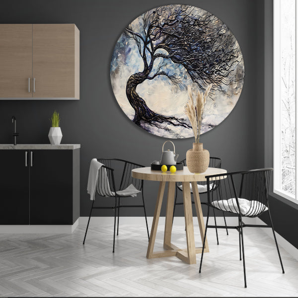 Dynamische abstracte winterboom met sneeuw aluminium muurcirkel