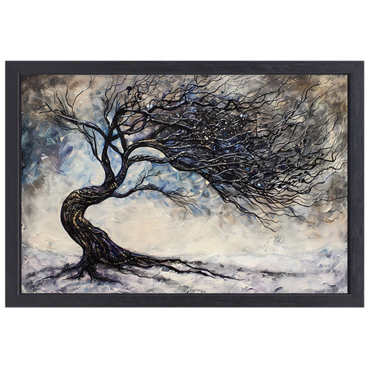 Dynamische abstracte winterboom met sneeuw canvas met baklijst