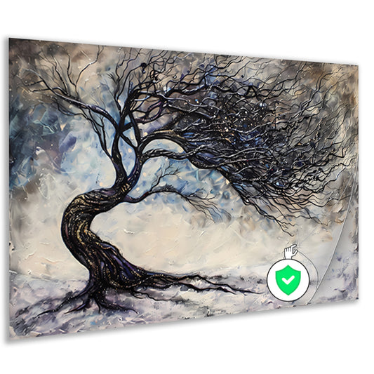 Dynamische abstracte winterboom met sneeuw poster