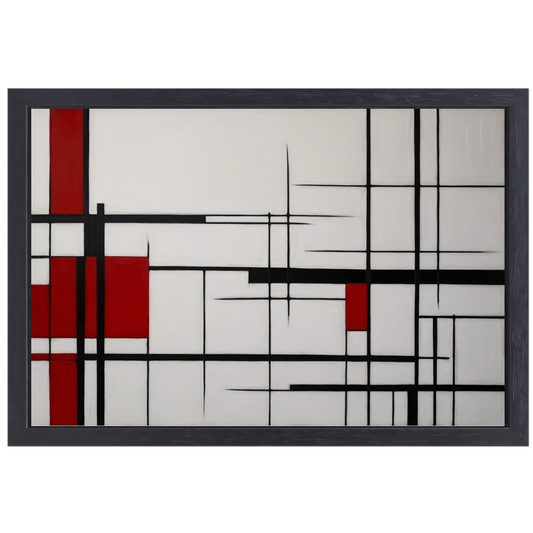 Geometrische Harmonie in Rood, Zwart en Wit canvas met baklijst