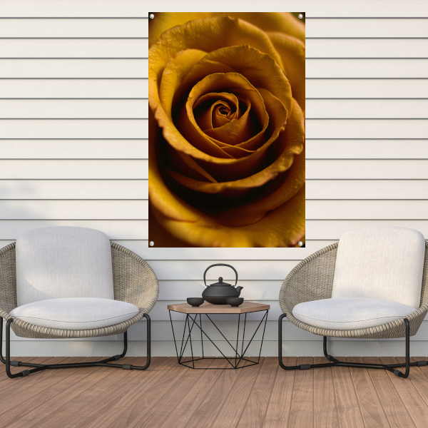 Gouden ochtenddauw op gele roos tuinposter