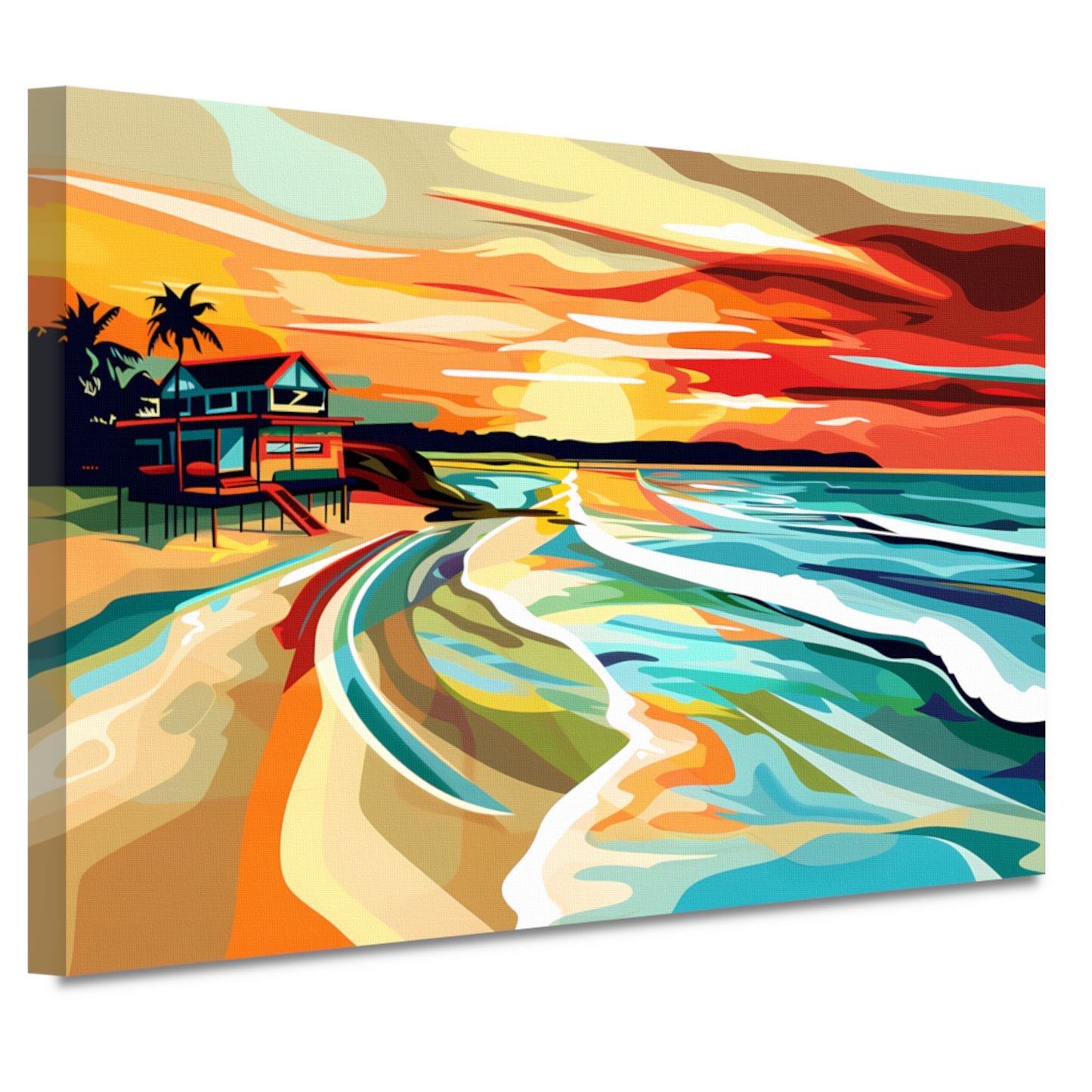 Impressionistisch strandhuis bij zonsondergang canvas