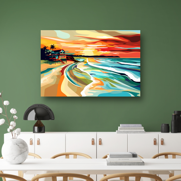 Impressionistisch strandhuis bij zonsondergang canvas
