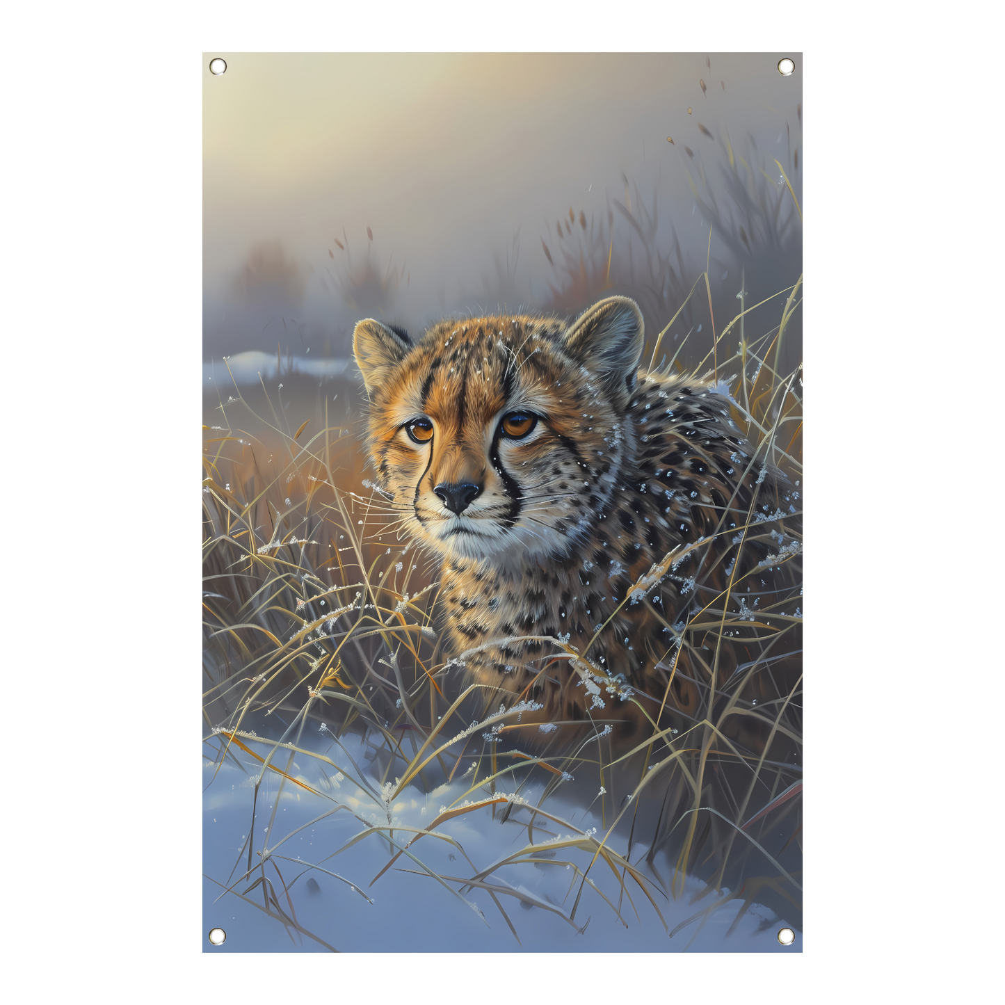 Jonge cheeta in sneeuw bedekt gras tuinposter