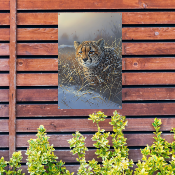 Jonge cheeta in sneeuw bedekt gras tuinposter