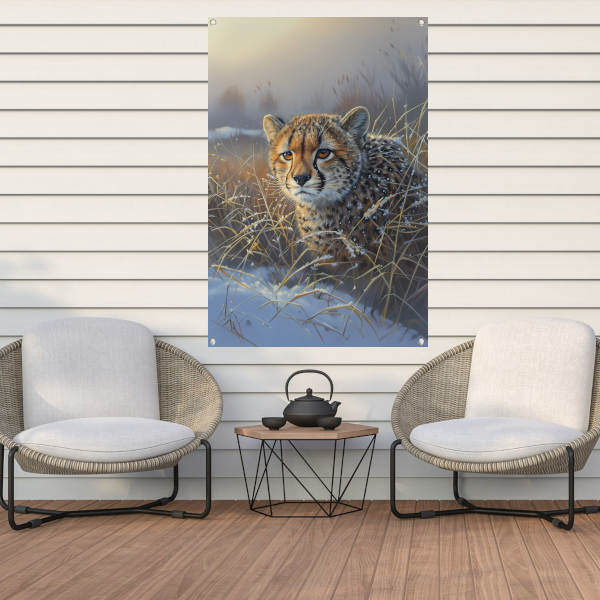 Jonge cheeta in sneeuw bedekt gras tuinposter
