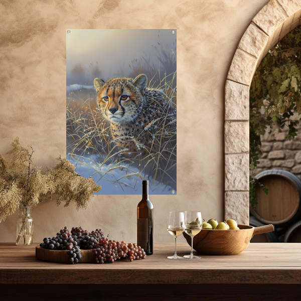 Jonge cheeta in sneeuw bedekt gras tuinposter