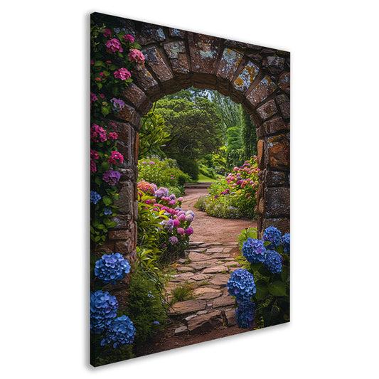 Stenen boog uitzicht op bloeiende tuin canvas